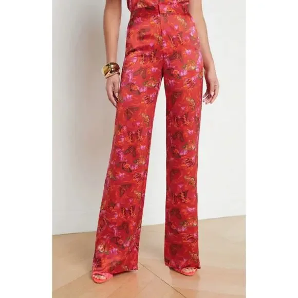 L'AGENCE Luvvy Butterfly Print Silk Straight Leg Trousers Women's Medium ? Pants - Picture 1 of 16